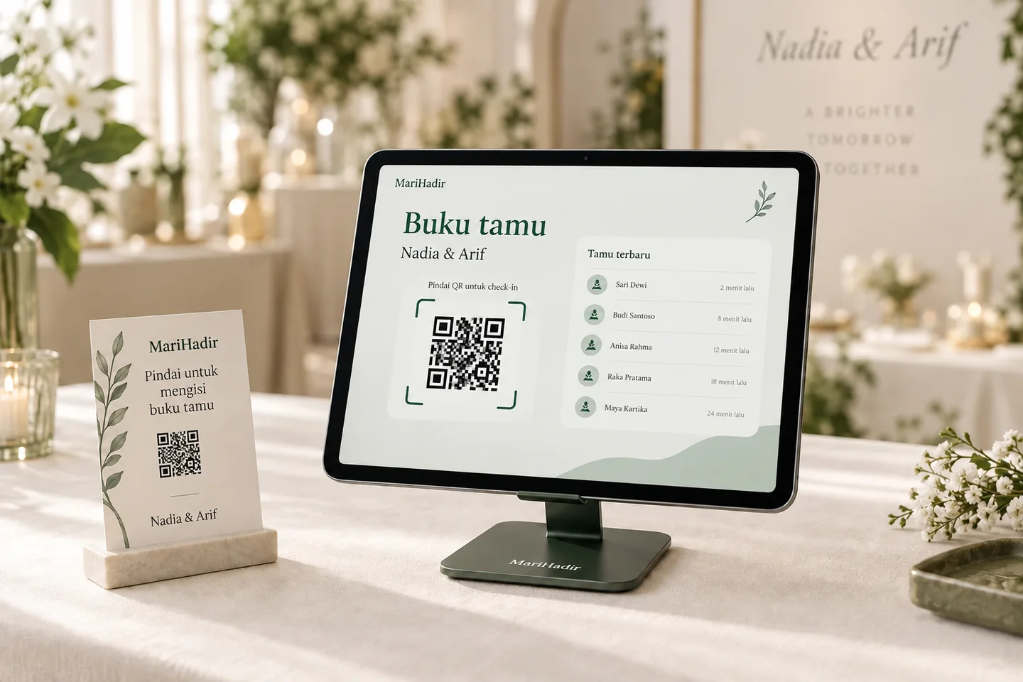 Ilustrasi meja penerimaan tamu dengan tablet dan kartu QR