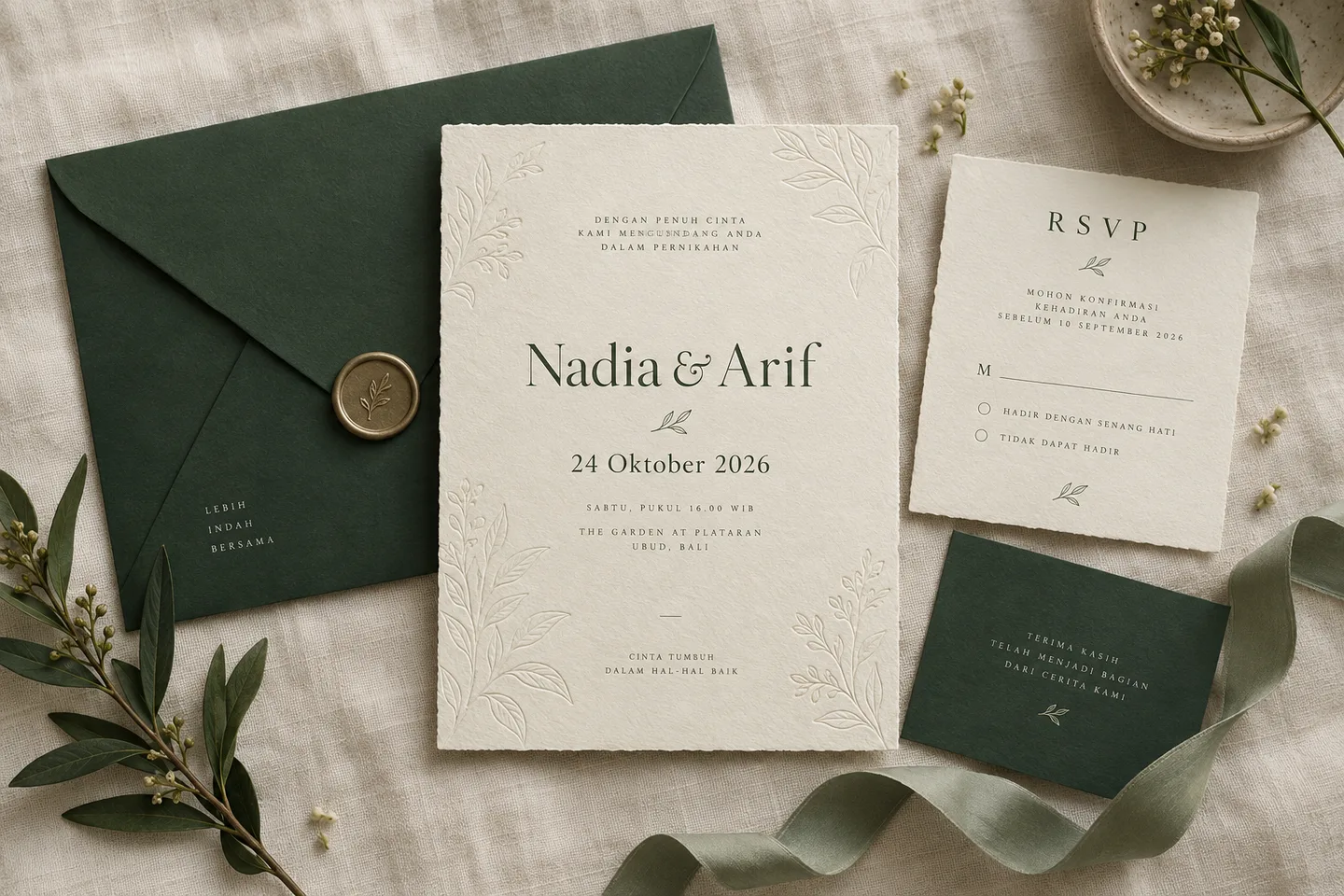 Ilustrasi undangan cetak dengan kertas dan amplop bernuansa ivory