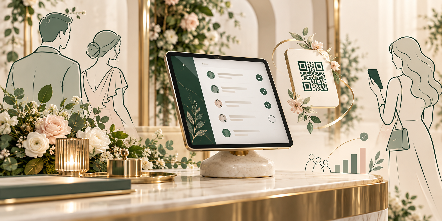 Visual tiga dimensi tablet check-in dan kartu QR dengan ilustrasi data tamu dua dimensi