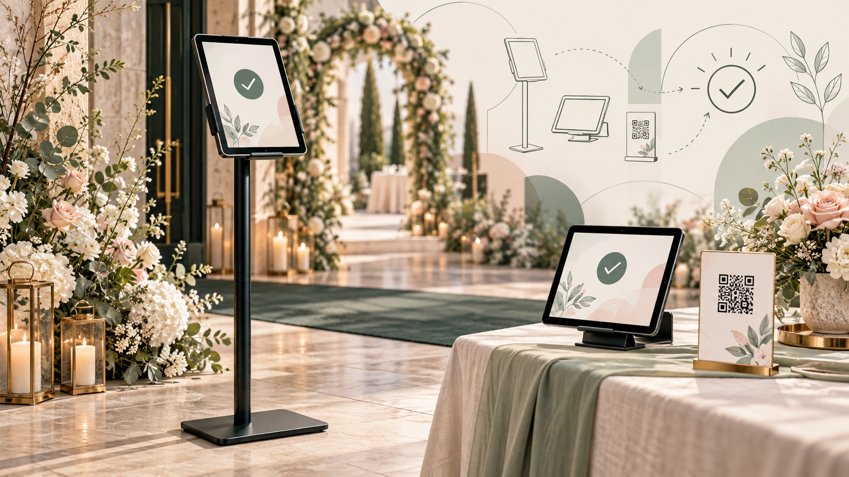 Tablet dan stand check-in dengan diagram penerimaan tamu