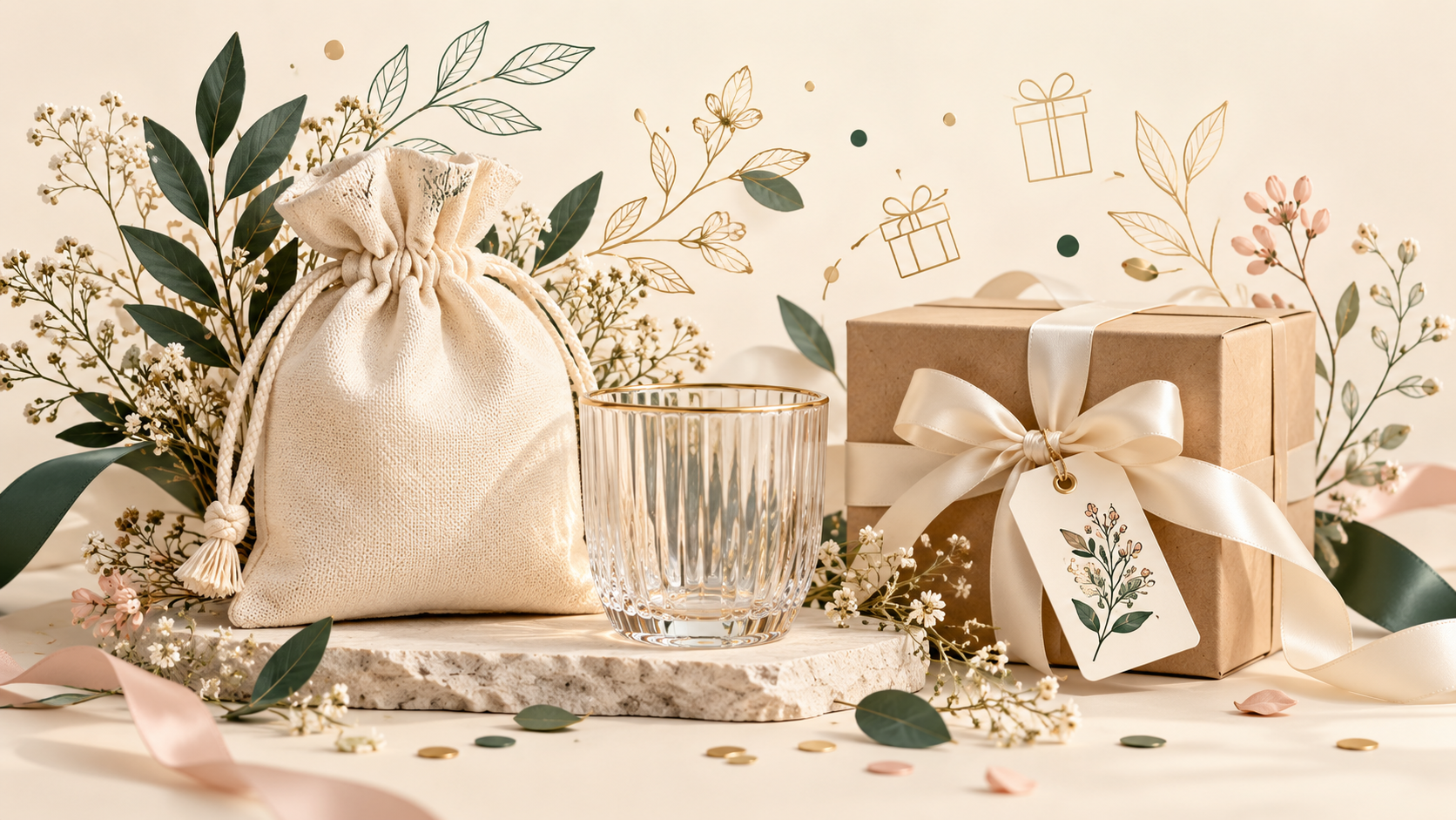 Visual tiga dimensi pouch, gelas, dan kotak souvenir dengan ilustrasi botani dua dimensi