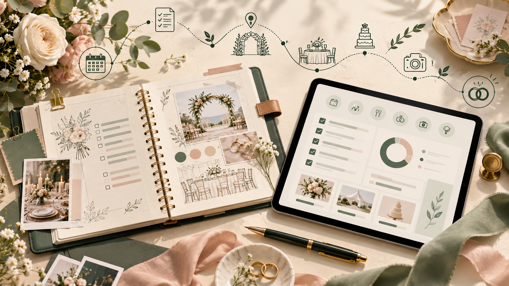 Buku rencana pernikahan dan tampilan Wedding Planner pada tablet